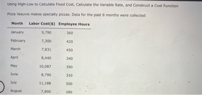  Using High-Low to Calculate Fixed Cost, Calculate the Variable Rate, and
