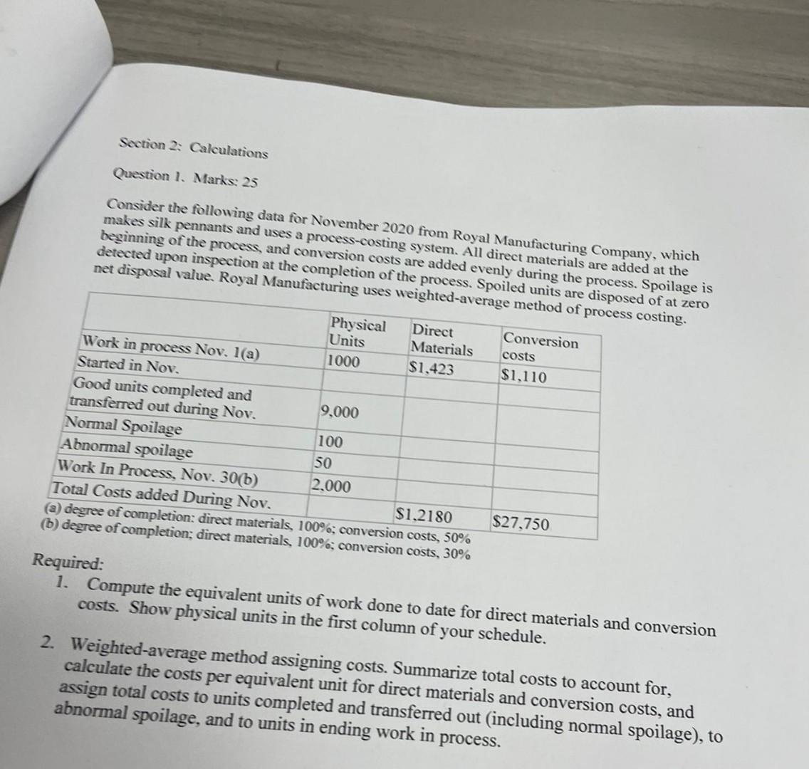  Section 2: Calculations Question 1. Marks: 25 Consider the following data