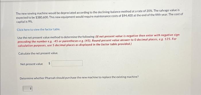 Pharoah Inc. manufactures snowsuits. Pharoah is considering purchasing a new sewing machine