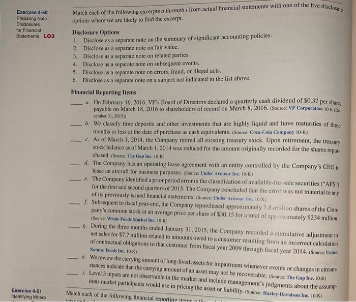  Exercise 4-50 Preparing Note Disclosures for Financial Statements LO3 Match each
