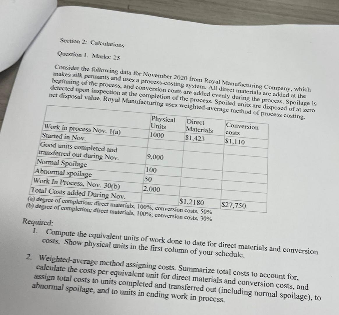  Section 2: Calculations Question 1. Marks: 25 Consider the following data