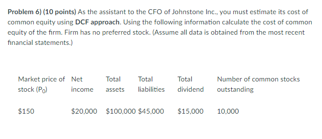  Problem 6) (10 points) As the assistant to the CFO of