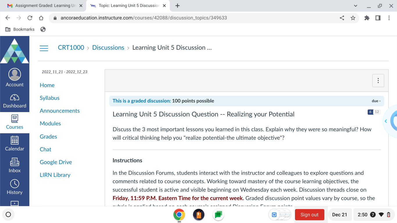  M Assignment Graded: Learning Un x Ww Topic: Learning Unit 5