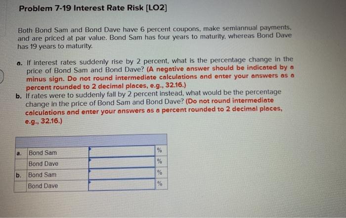  Problem 7-19 Interest Rate Risk [LO2] Both Bond Sam and Bond