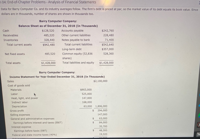  04: End-of-Chapter Problems - Analysis of Financial Statements Data for Barry