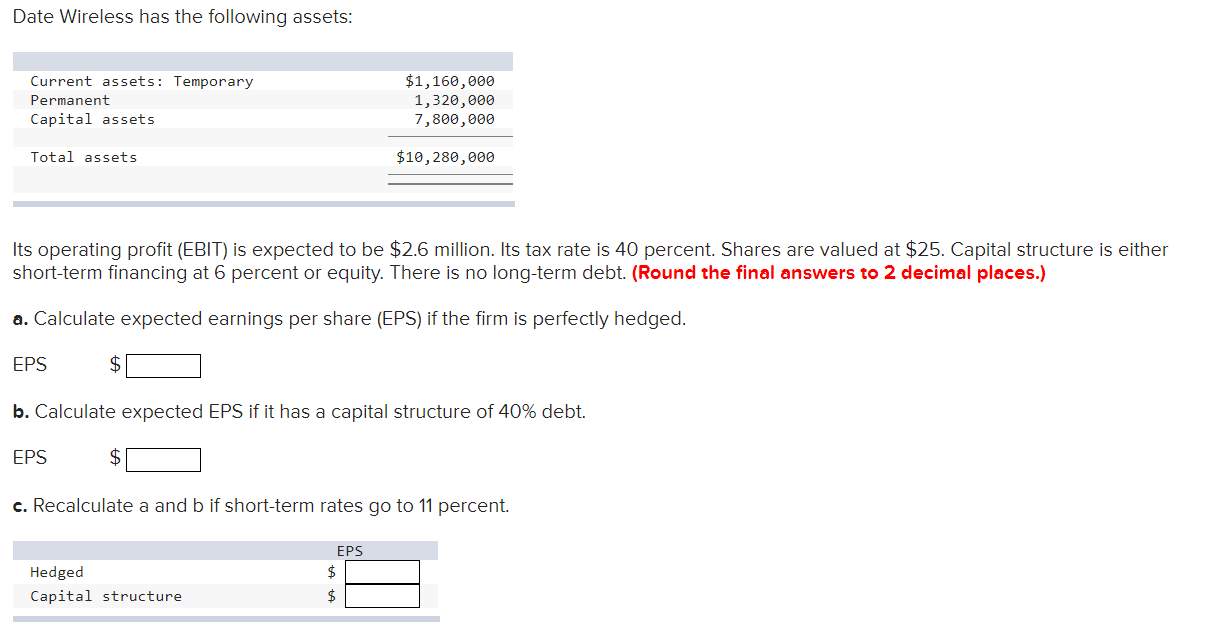  Date Wireless has the following assets: Current assets: Temporary Permanent Capital
