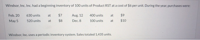  Windsor, Inc. Inc. had a beginning inventory of 100 units of