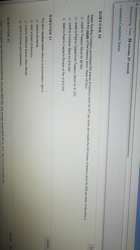 Remaining Time: 58 minutes, 01 second. * Question Completion Status: QUESTION