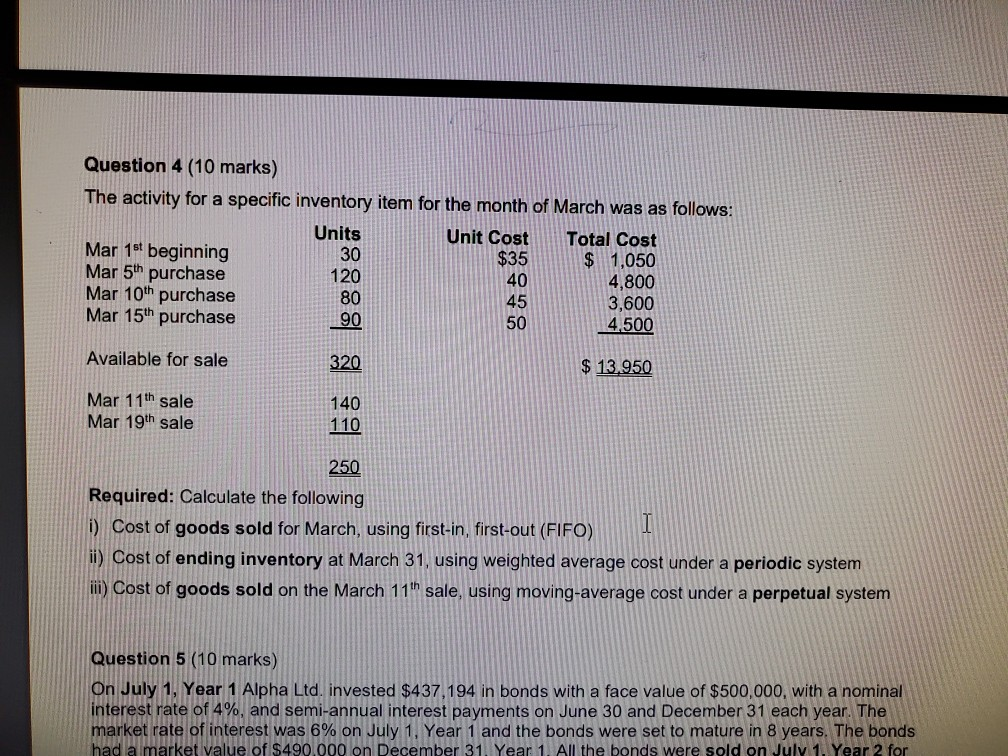 Question 4 (10 marks) The activity for a specific inventory item