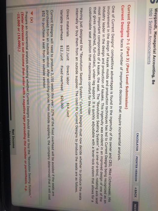  Weygandt, Managerial Accounting, Se Help System Announcements CALCULATOR PRINTER VERSION BACK