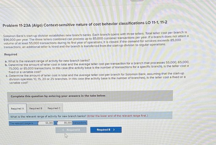  Problem 11-23A (Algo) Context-sensitive nature of cost behavior classifications LO 11-1,