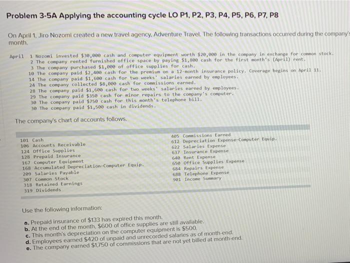  please helo(:: Problem 3-5A Applying the accounting cycle LO P1, P2,