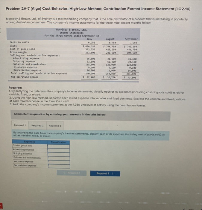  Please show work! Problem 2A-7 (Algo) Cost Behavior; High-Low Method; Contribution