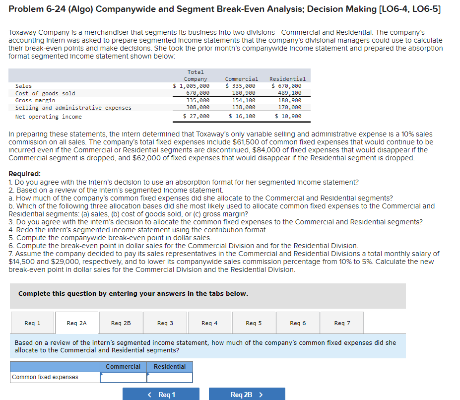 (Algo) Companywide and Segment Break-Even Analysis; Decision Making [LO6-4, LO6-5] Toxaway Company