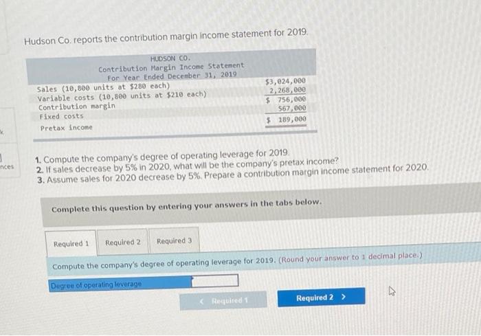  Hudson Co. reports the contribution margin income statement for 2019 HUDSON
