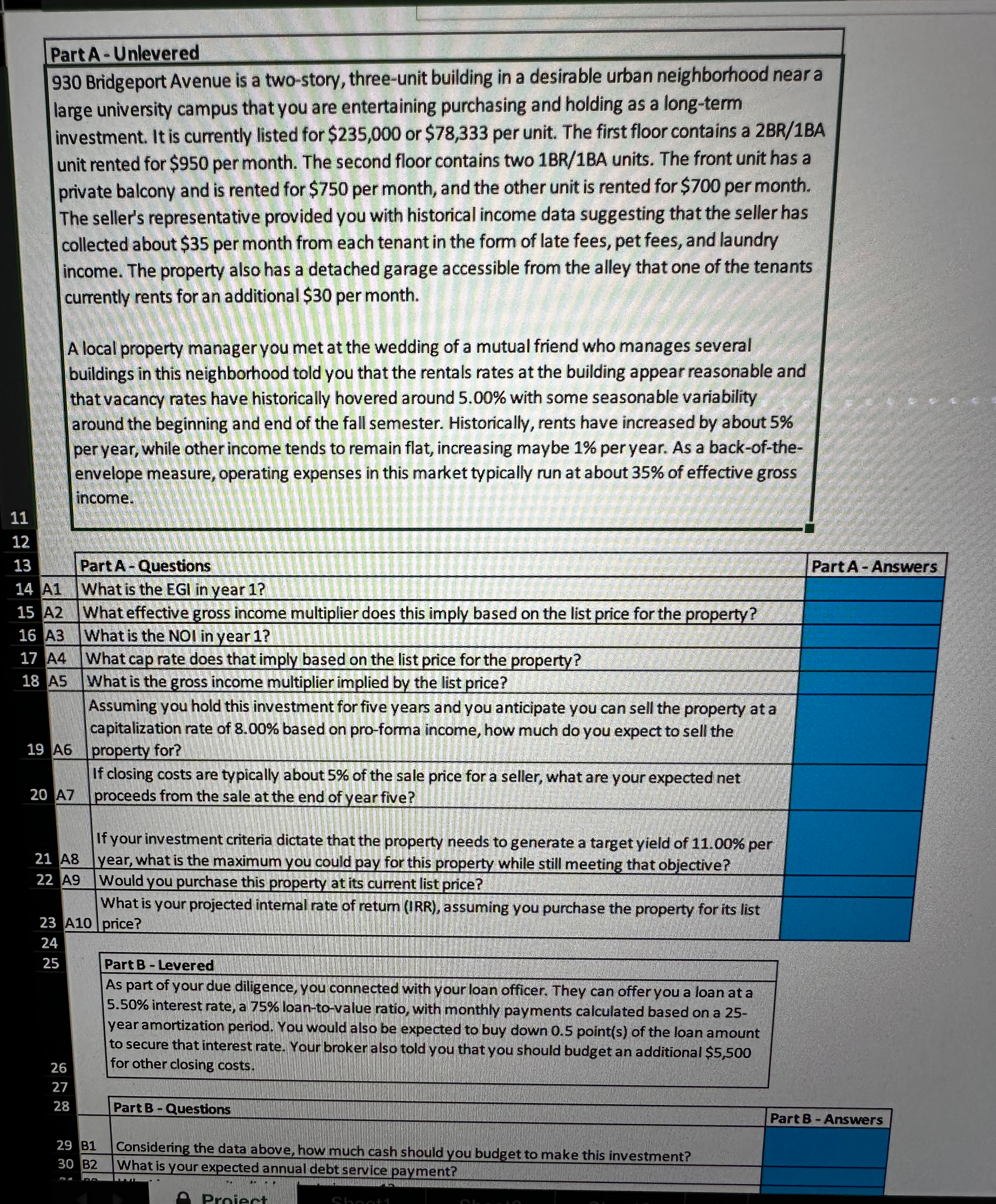  Please solve Part A and show work in excel 