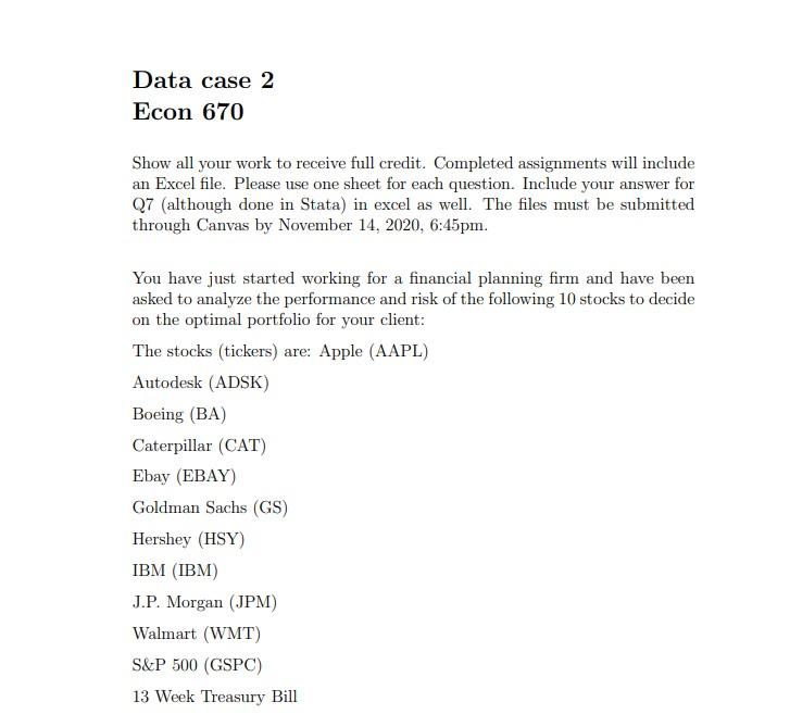  Data case 2 Econ 670 Show all your work to receive