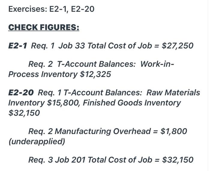  Exercises: E2-1, E2-20 CHECK FIGURES: E2-1 Req. 1 Job 33 Total