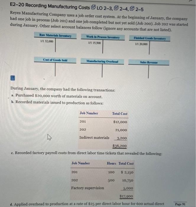 $12,325 E2-20 Reg. 1 T-Account Balances: Raw Materials Inventory $15,800, Finished Goods
