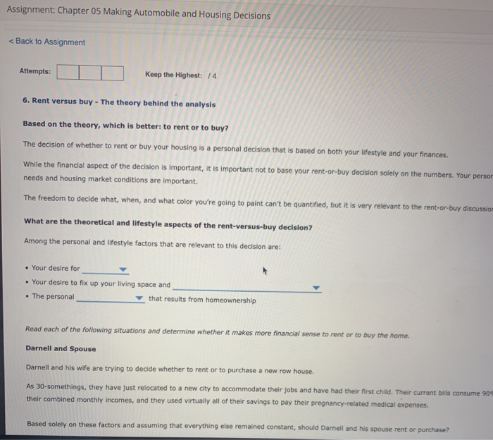 Assignment: Chapter 05 Making Automobile and Housing Decisions Back to Asstgnrnent 6.