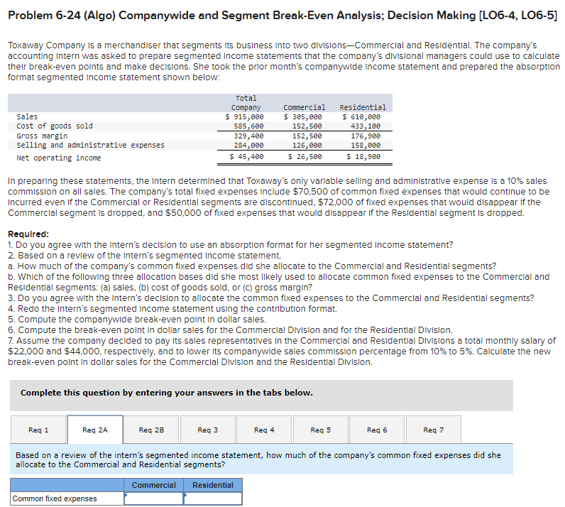 (Algo) Companywide and Segment Break-Even Analysis; Decision Making [LO6-4, LO6-5] Toxaway Company