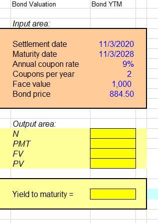 Kindly show the Excel Functions Bond Valuation Bond YTM Input area: Settlement