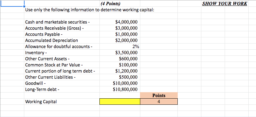 Working Capital SHOW YOUR WORK (4 Points) Use only the following information