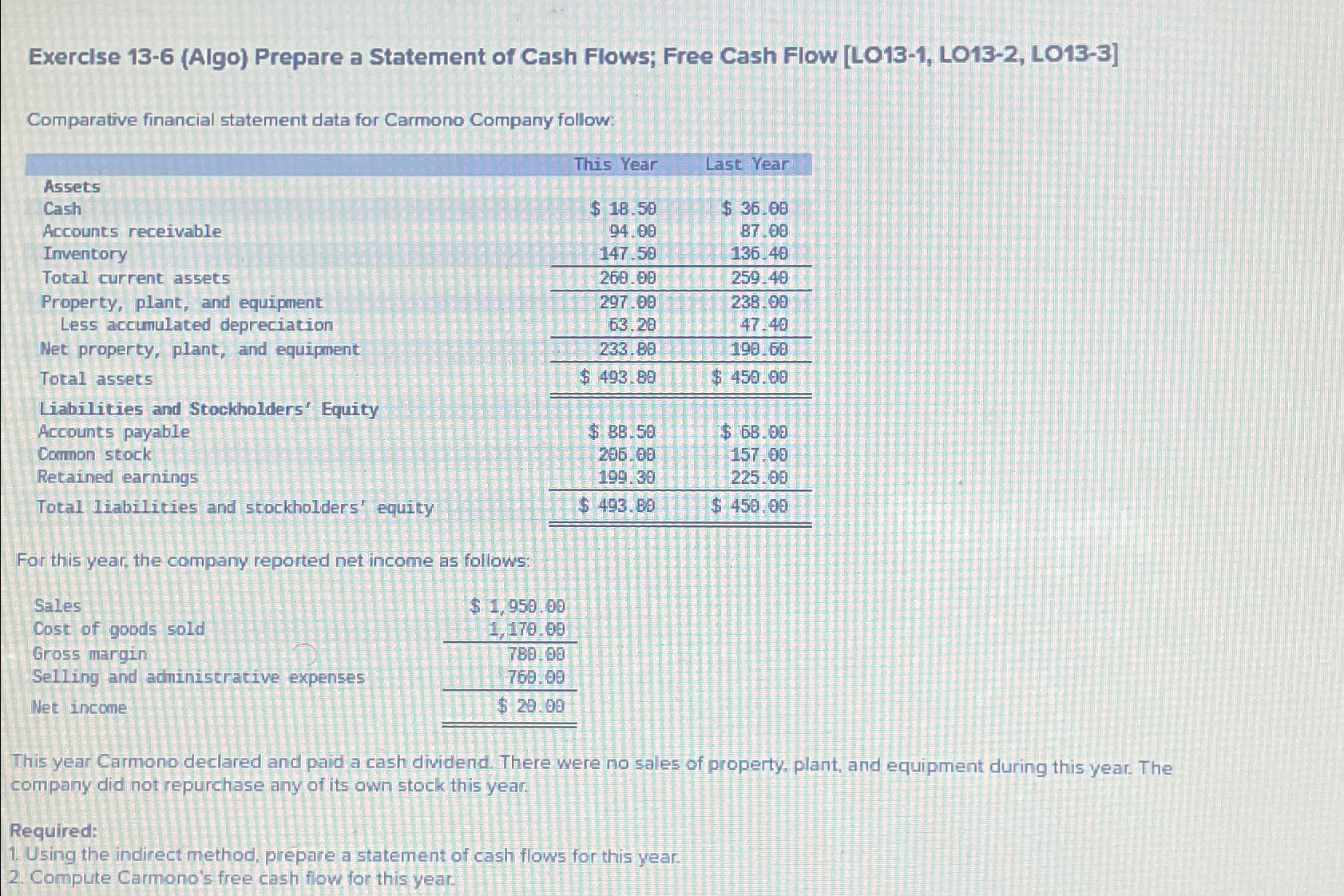  Exerclse 13-6(Algo) Prepare a Statement of Cash Flows; Free Cash Flow