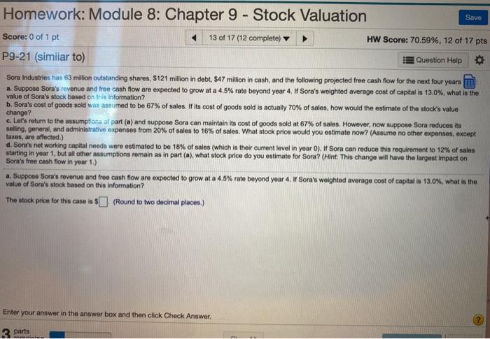  Homework: Module 8: Chapter 9 - Stock Valuation Save Score: 0