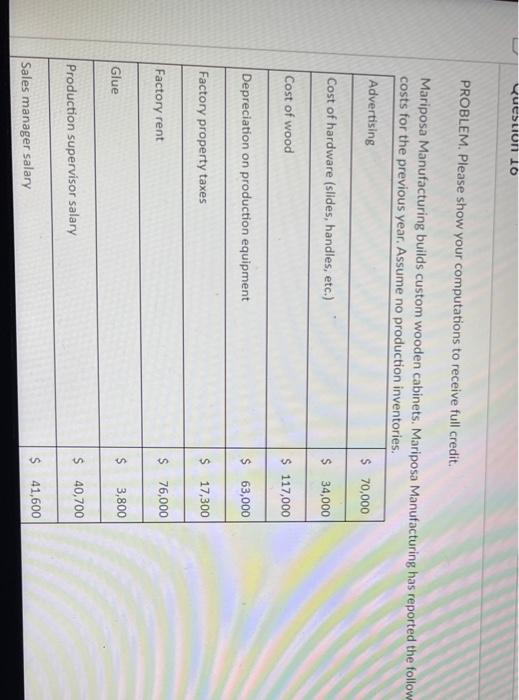  Question 10 PROBLEM. Please show your computations to receive full credit.