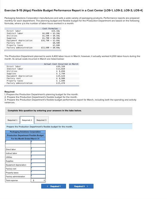  Exercise 9-15(Algo) Flexible Budget Performance Report in a Cost Center [LO9-1,