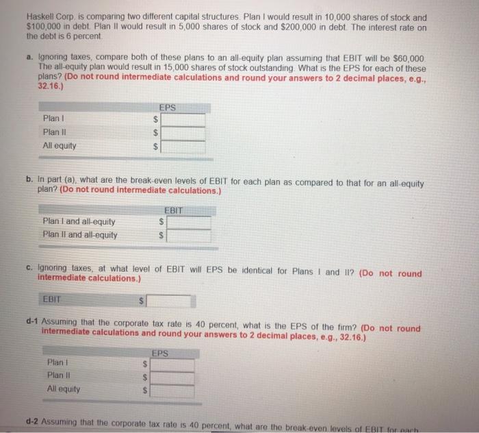  Haskell Corp is comparing two different capital structures Plan I would