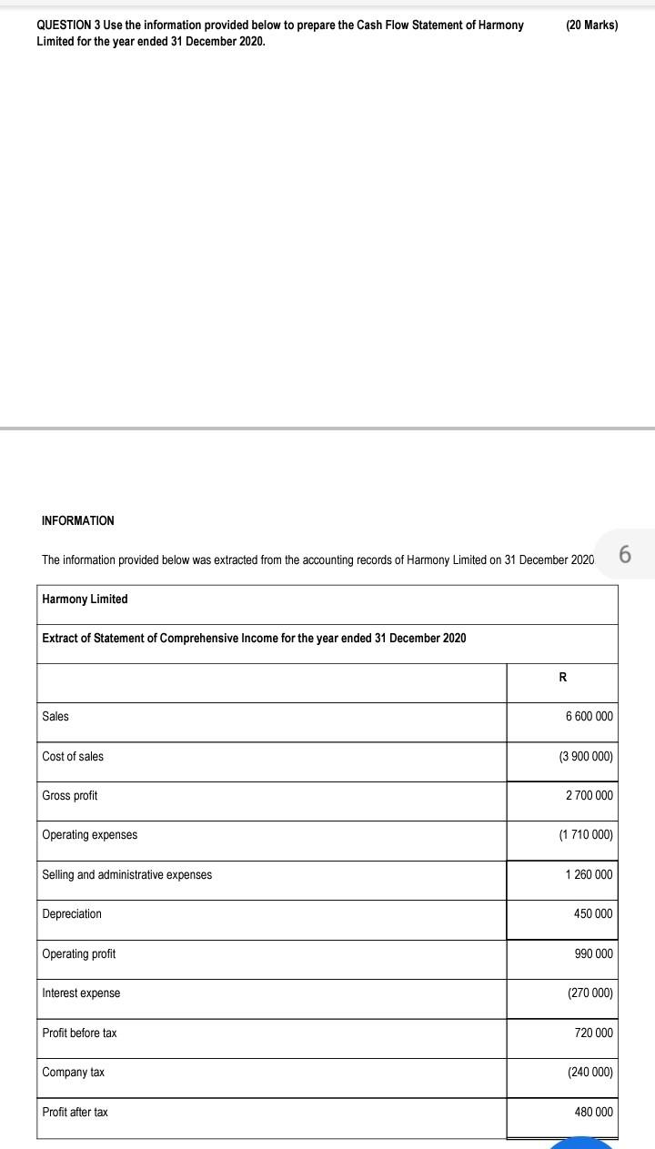 (20 Marks) QUESTION 3 Use the information provided below to prepare