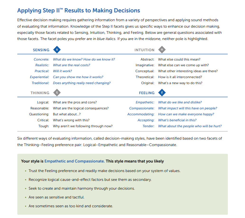 Please explain "What you have learned about your decision making" based on