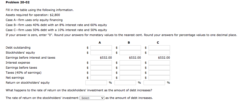  Problem 20-02 Fill in the table using the following information. Assets