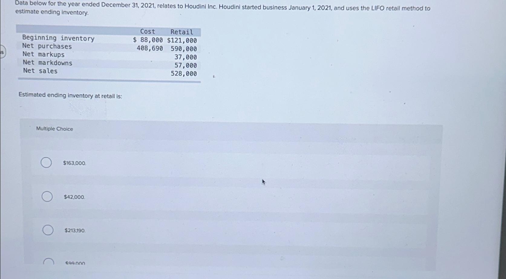  Data below for the year ended December 31,2021, relates to Houdini