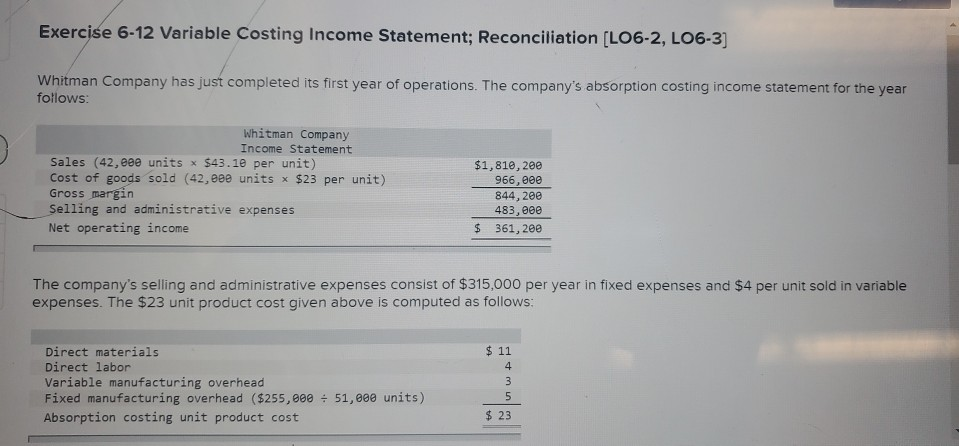  Exercise 6-12 Variable Costing Income Statement; Reconciliation (LO6-2, LO6-3] Whitman Company