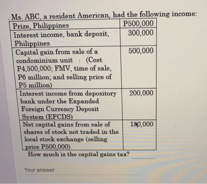 300,000 Philippines Capital gain from sale of a 500,000 condominium unit (Cost