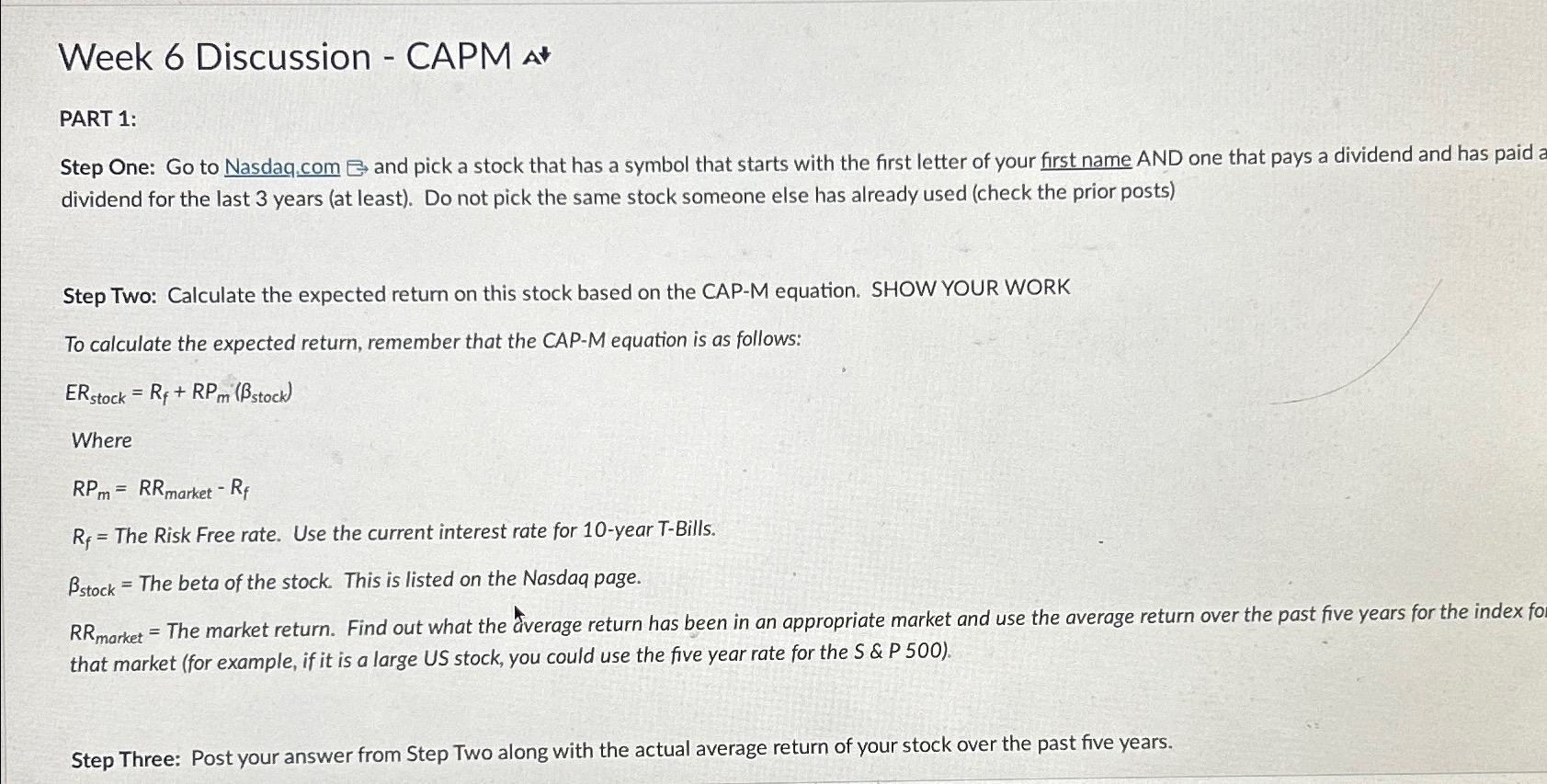  Week 6 Discussion - CAPM at PART 1: Step One: Go