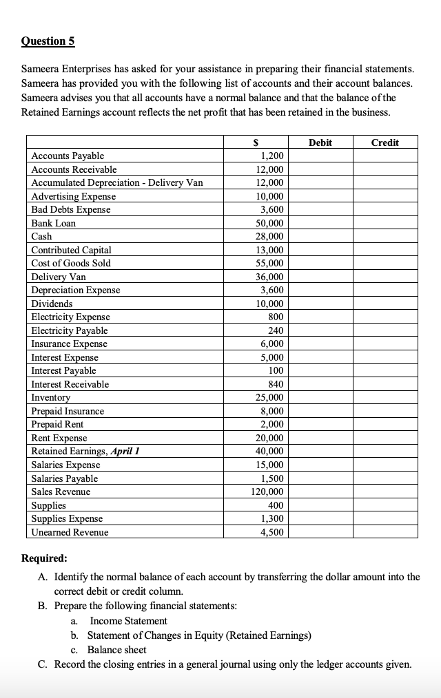 Question 5 Sameera Enterprises has asked for your assistance in preparing