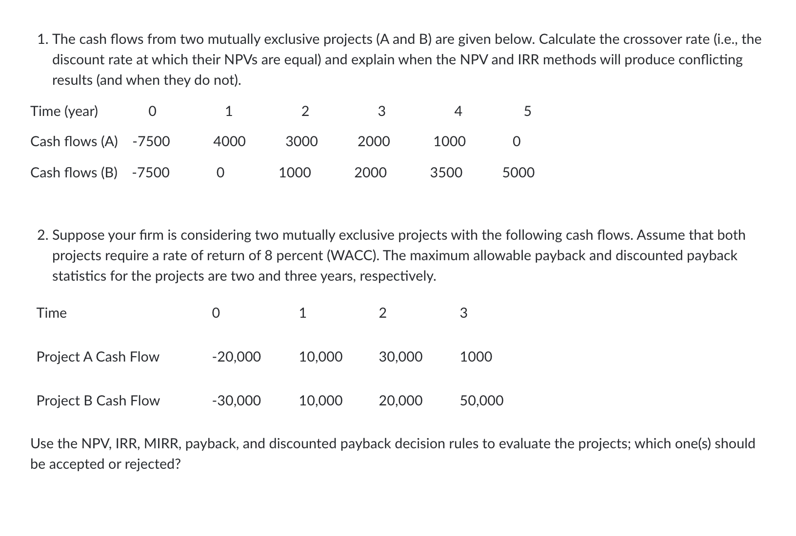  1. The cash flows from two mutually exclusive projects (A and