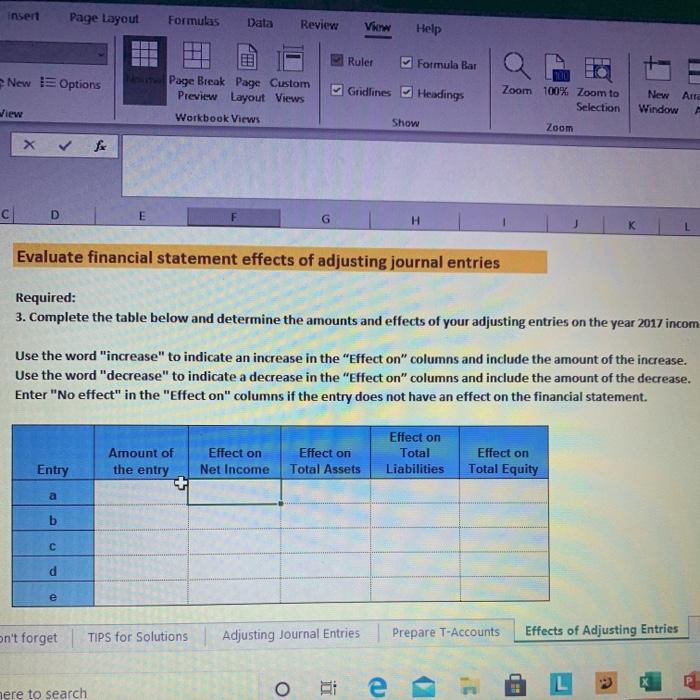  need help with effects of adjusted entries insert Page Layout Formulas