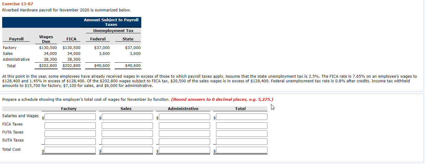 Exercise 13-07 Riverbed Hardware payroll for November 2020 is summarized below.