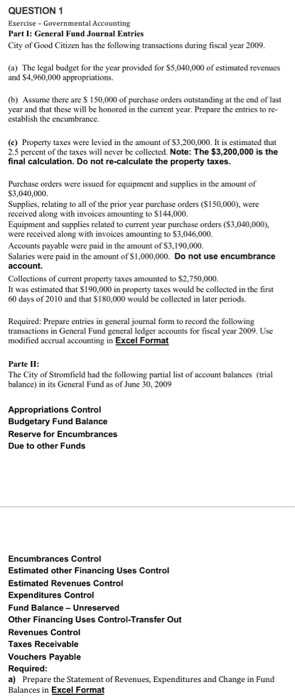  QUESTION 1 Exercise Governmental Accounting Part I: General Fund Journal Entries