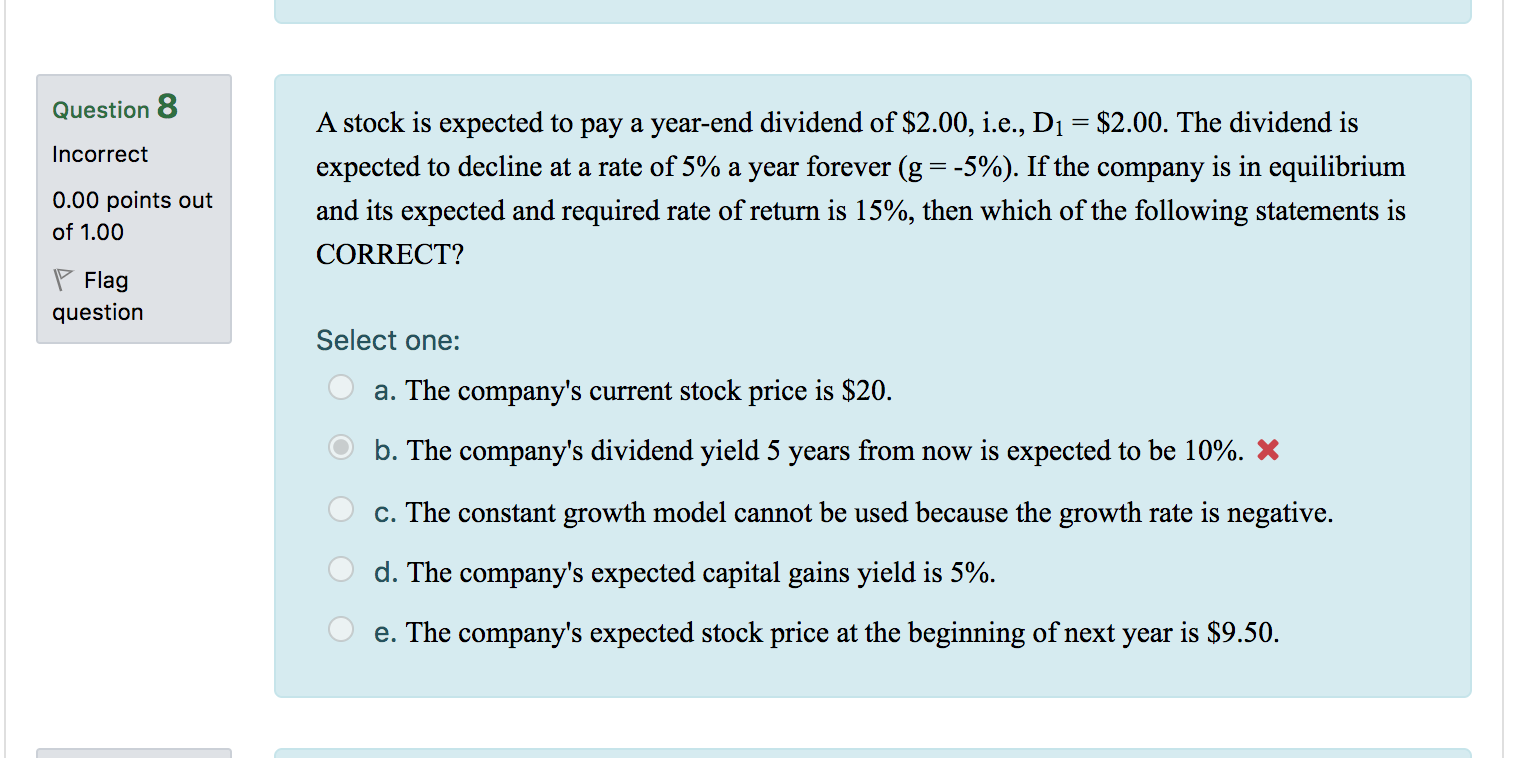question 8 Question 8 Incorrect A stock is expected to pay a