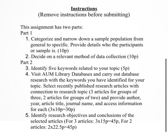 plsss helpppp Instructions (Remove instructions before submitting) This assignment has two parts: