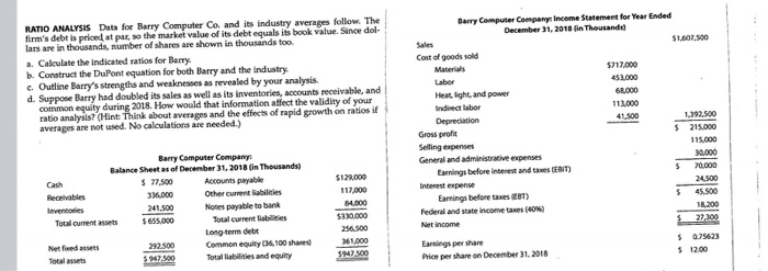 RATIO ANALYSIS Data for Barry Computer Co. and its industry averages