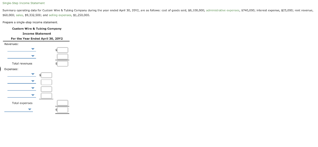  Single-Step Income Statement Summary operating data for Custom Wire & Tubing