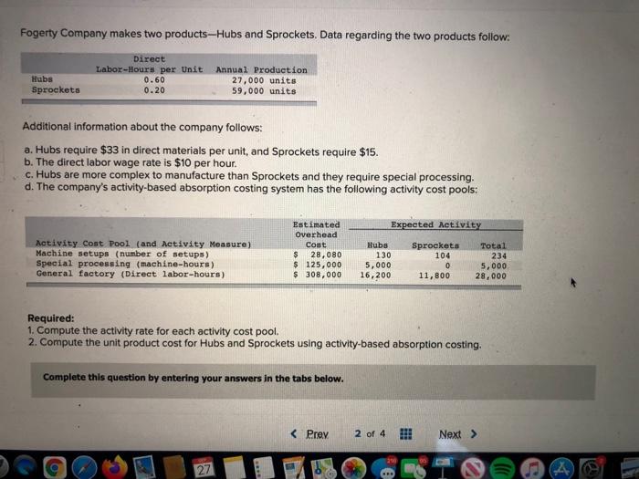 2. Compute the unit product cost for Hubs and Sprockets using activity-based