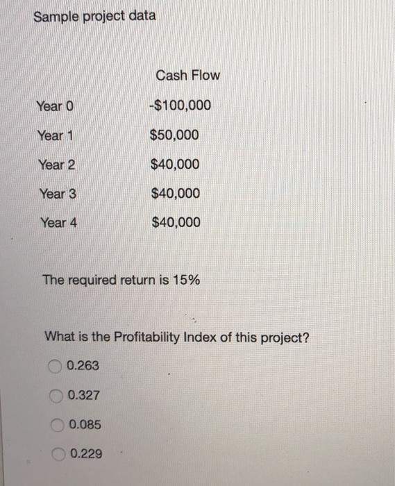 Sample project data Cash Flow Year o -$100,000 Year 1 $50,000